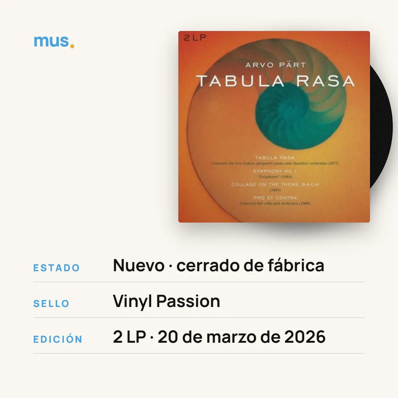 Arvo Part - Tabula Rasa - Vinilo Mus Estándar